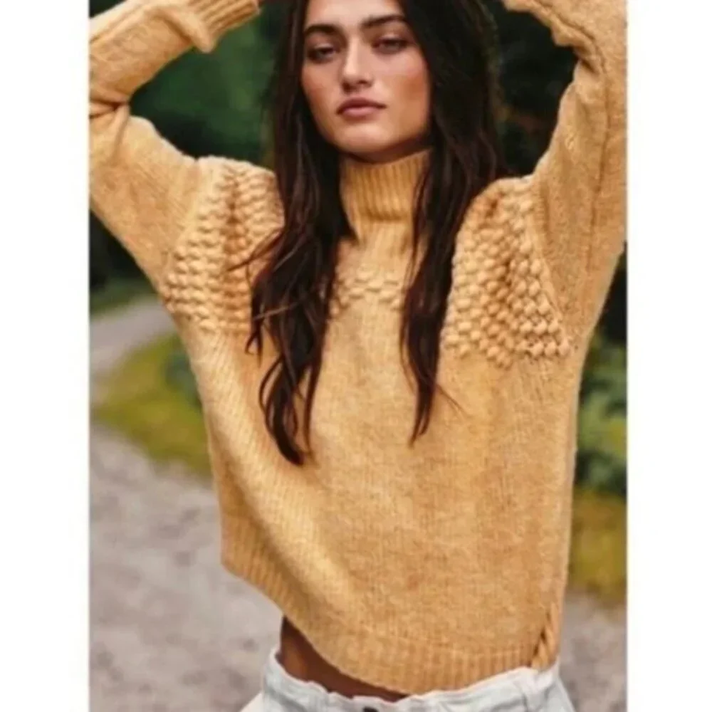 Free People Bradley Pullover Camel Heather Turtleneck Sweater Bubble Mock neck